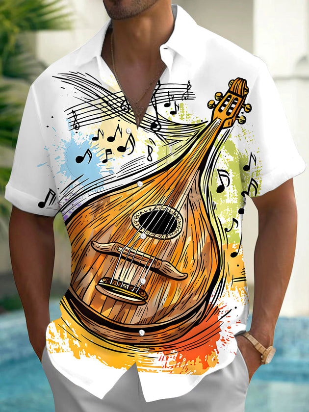 Adaychic Men's Graphic Mandolin Instrument Print Short Sleeve Shirt with Chest Pocket