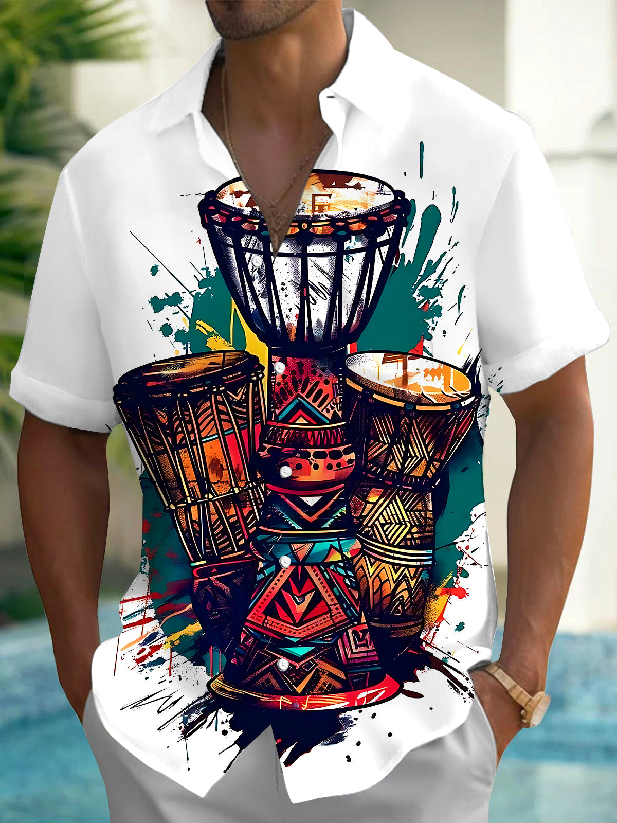 Adaychic Men's Graphic Djembe Drums Print Short Sleeve Shirt with Chest Pocket
