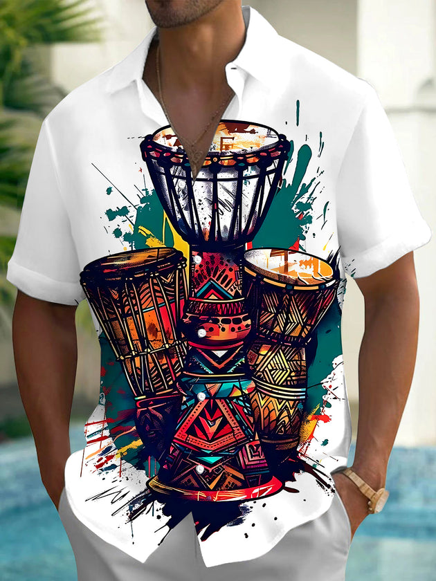 Adaychic Men's Graphic Djembe Drums Print Short Sleeve Shirt with Chest Pocket