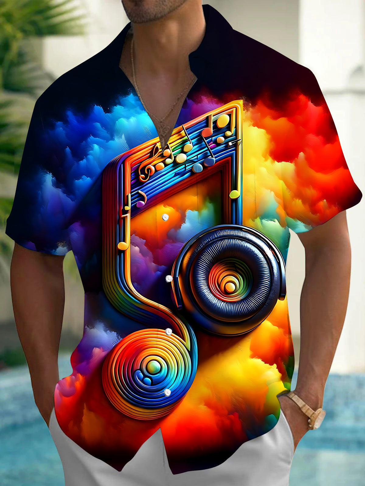 Adaychic Men's Graphic Rainbow Musical Note Print Short Sleeve Shirt with Chest Pocket