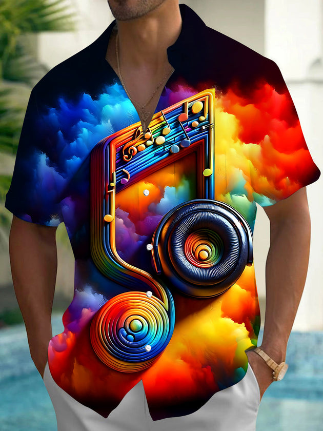 Adaychic Men's Graphic Rainbow Musical Note Print Short Sleeve Shirt with Chest Pocket