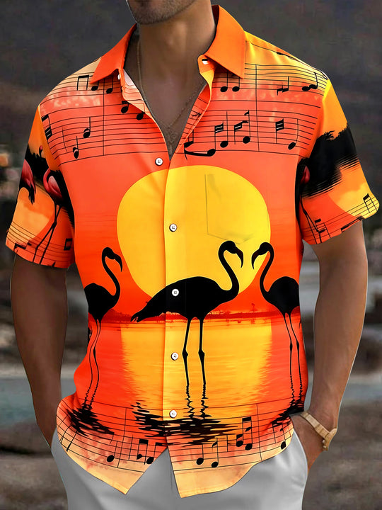 Adaychic Men's Hawaiian Flamingo Sunset Print Short Sleeve Shirt with Chest Pocket