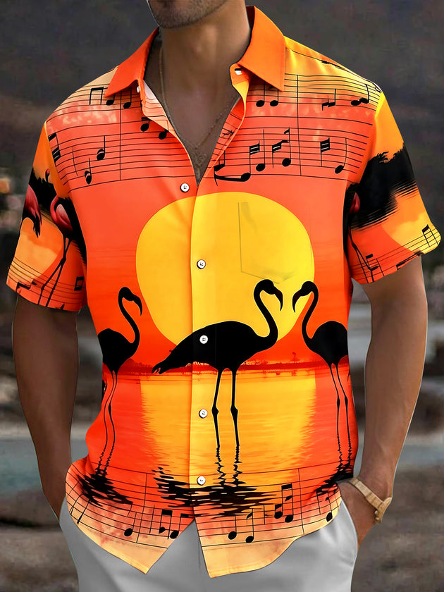 Adaychic Men's Hawaiian Flamingo Sunset Print Short Sleeve Shirt with Chest Pocket