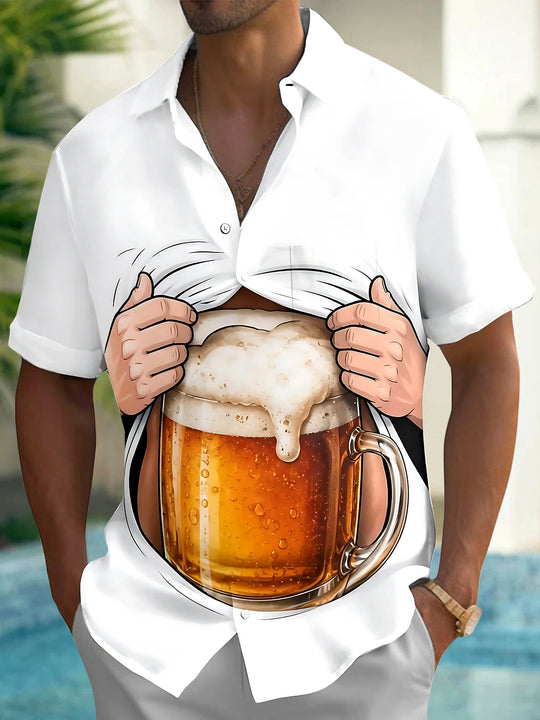 Adaychic Men's Graphic Beer Mug Print Short Sleeve Shirt with Chest Pocket