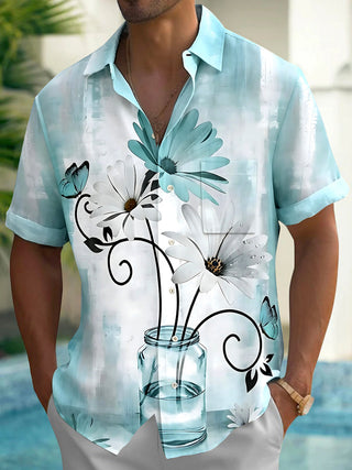 Adaychic Men's Printed Flower Vase Print Short Sleeve Shirt with Chest Pocket