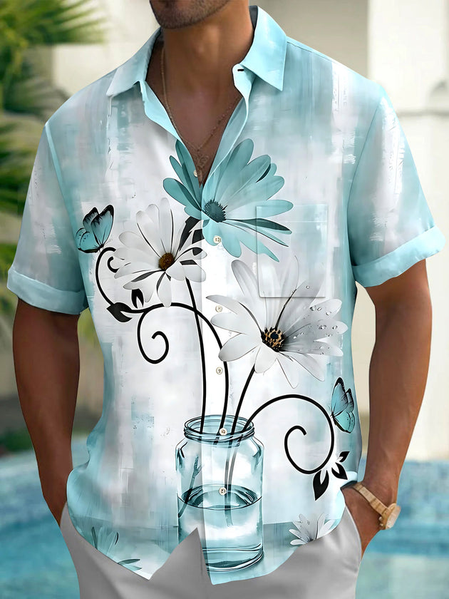 Adaychic Men's Printed Flower Vase Print Short Sleeve Shirt with Chest Pocket