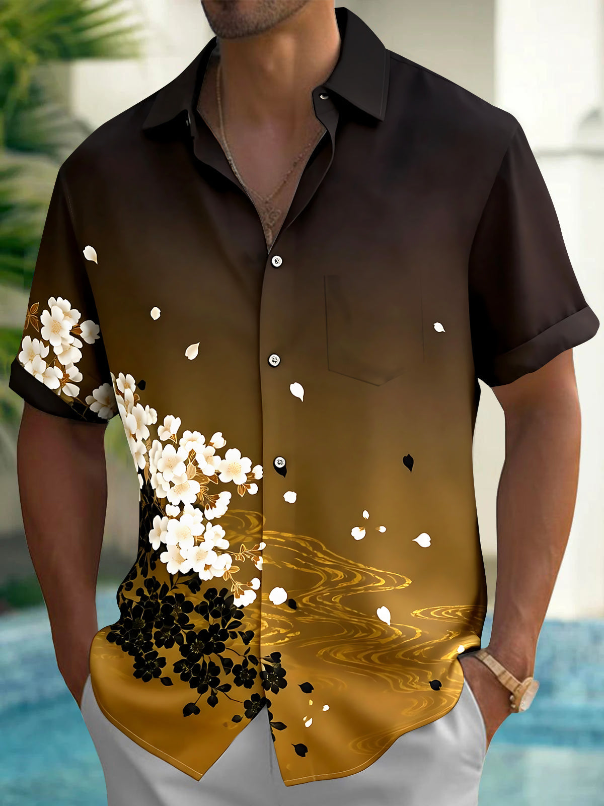 Adaychic Men's Vintage Style White Cherry Blossoms Print Short Sleeve Shirt with Chest Pocket