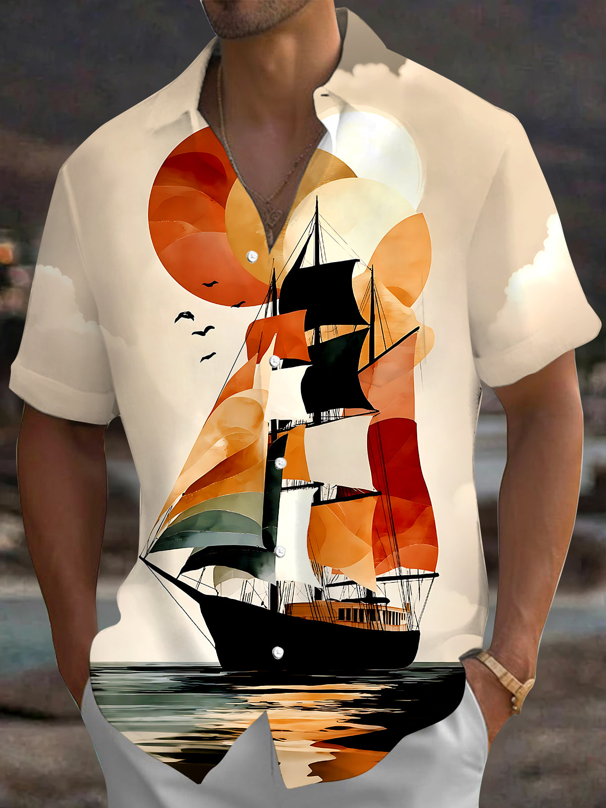 Adaychic Men's Vintage Style Sailing Ship Sunset Print Short Sleeve Shirt with Chest Pocket