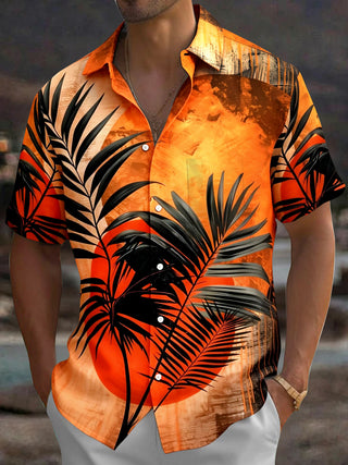 Adaychic Men's Hawaiian Palm Leaf Sunset Print Short Sleeve Shirt with Chest Pocket