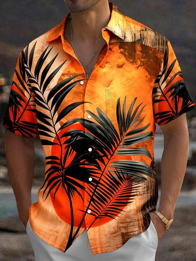 Adaychic Men's Hawaiian Palm Leaf Sunset Print Short Sleeve Shirt with Chest Pocket
