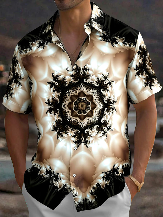 Adaychic Men's Printed Fractal Mandala Pattern Short Sleeve Shirt with Chest Pocket