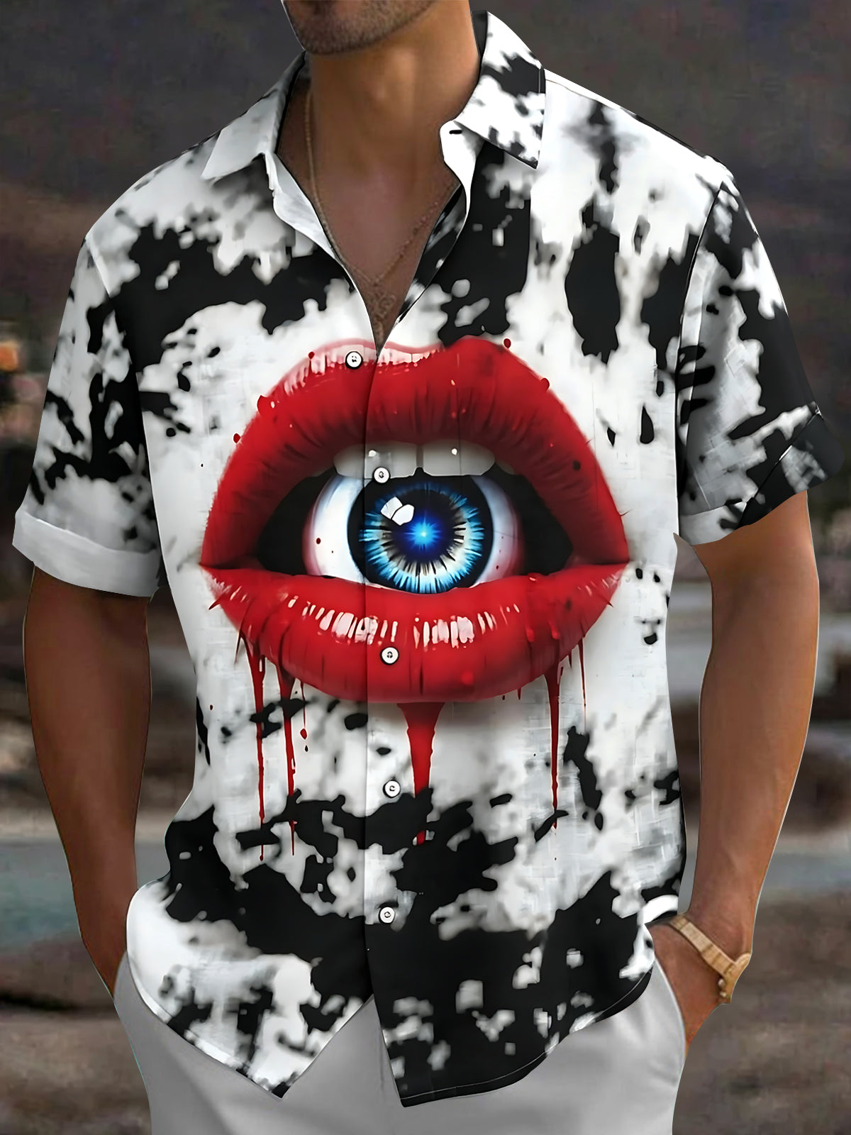 Adaychic Men's Graphic Abstract Pattern Short Sleeve Shirt with Chest Pocket