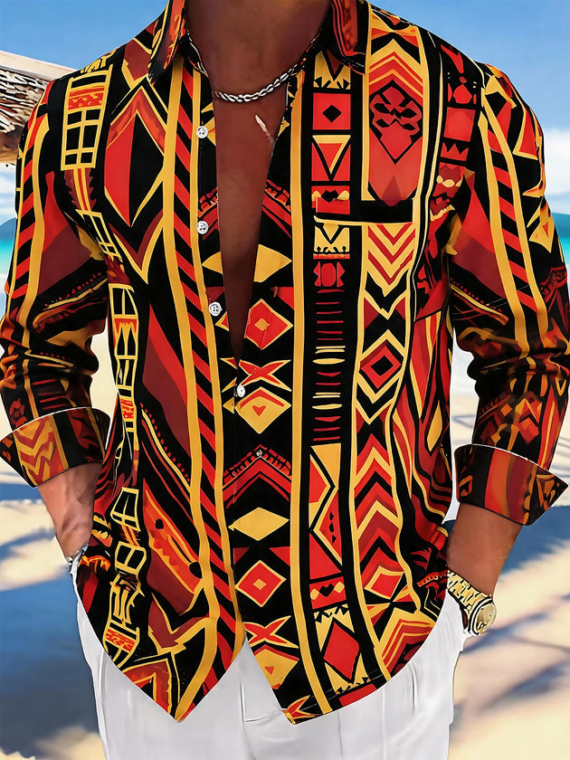 Adaychic Men's Vintage Style Geometric Tribal Pattern Long Sleeve Shirt with Chest Pocket