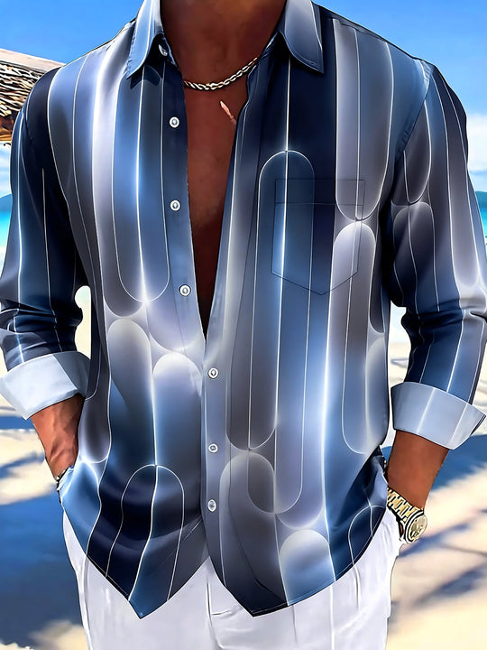 Adaychic Men's Printed Geometric Gradient Lines Print Long Sleeve Shirt with Chest Pocket