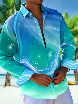 Adaychic Men's Printed Starry Sky Gradient Print Long Sleeve Shirt with Chest Pocket