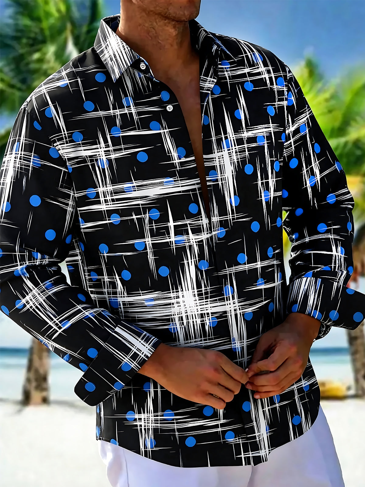 Adaychic Men's Printed Abstract White Lines Print Long Sleeve Shirt with Chest Pocket