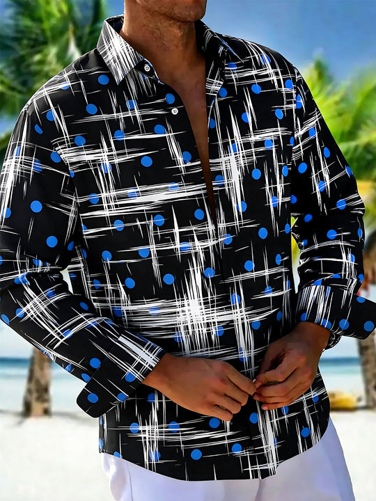 Adaychic Men's Printed Abstract White Lines Print Long Sleeve Shirt with Chest Pocket