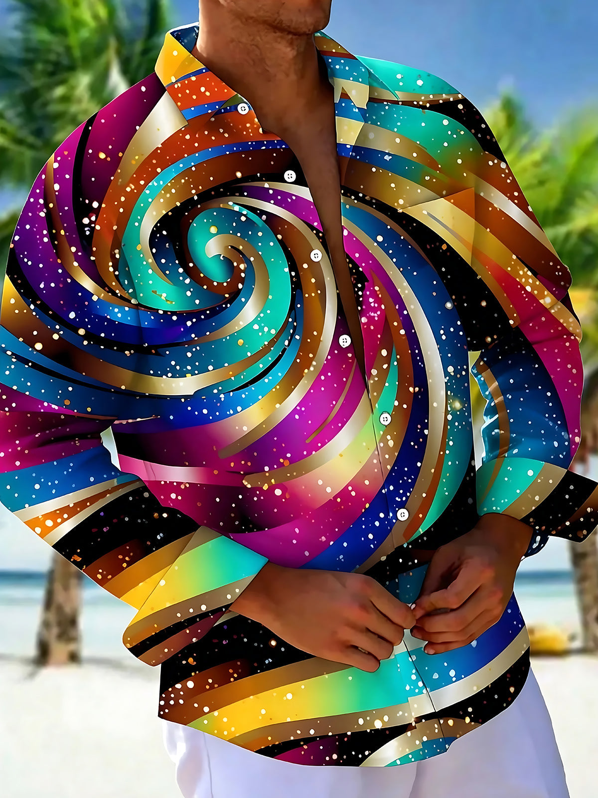 Adaychic Men's Printed Colorful Swirl Pattern Long Sleeve Shirt with Chest Pocket