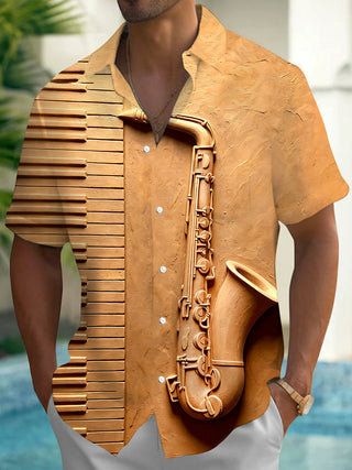 Adaychic Men's Vintage Style 3D Relief Saxophone Print Short Sleeve Shirt with Chest Pocket
