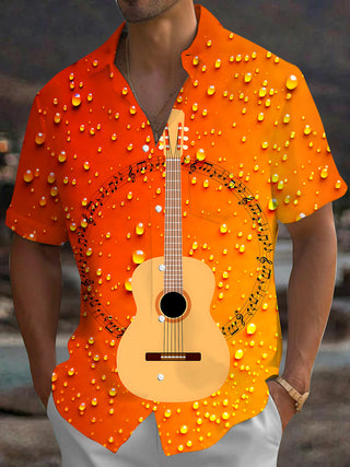 Adaychic Men's Graphic Guitar Print Musical Notes Print Short Sleeve Shirt with Chest Pocket
