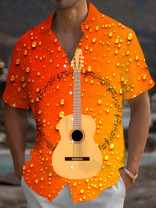 Adaychic Men's Graphic Guitar Print Musical Notes Print Short Sleeve Shirt with Chest Pocket