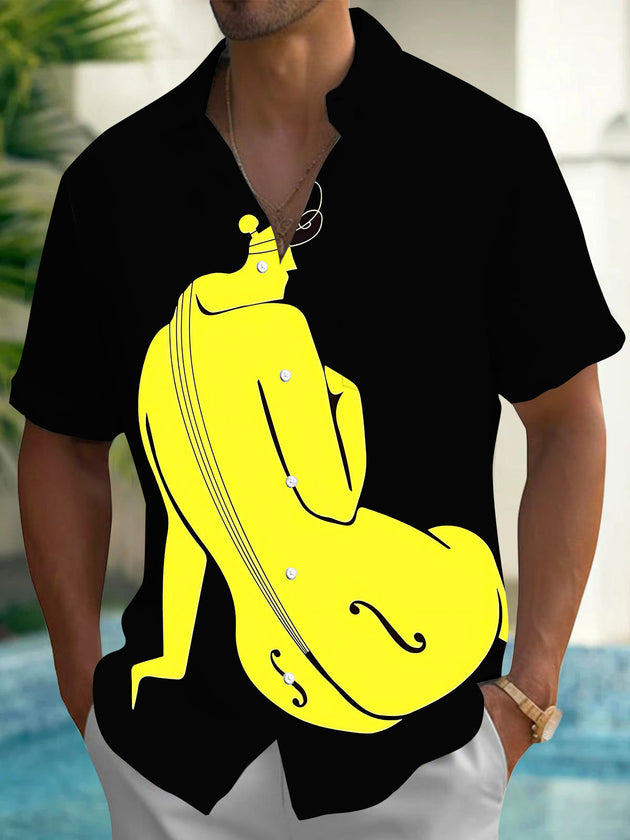 Adaychic Men's Graphic Yellow Violin Graphic Short Sleeve Shirt with Chest Pocket
