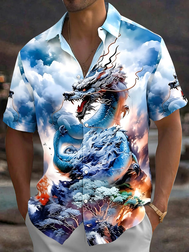 Adaychic Men's Hawaiian Chinese Dragon Print Clouds Print Short Sleeve Shirt with Chest Pocket