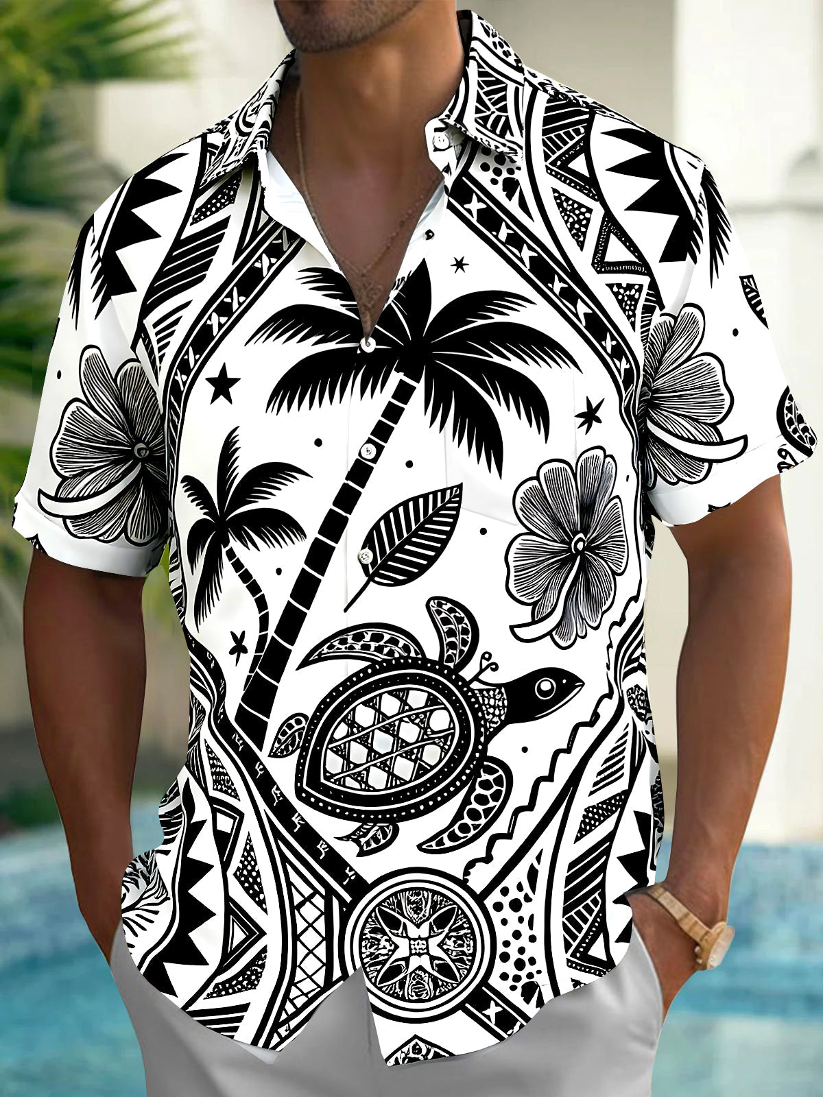 Adaychic Men's Hawaiian Sea Turtle Print Palm Tree Print Short Sleeve Shirt with Chest Pocket