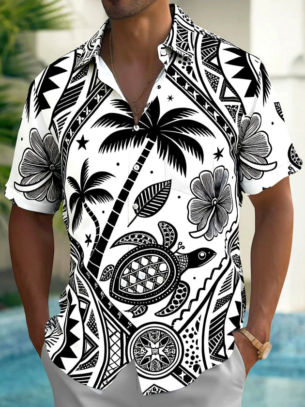 Adaychic Men's Hawaiian Sea Turtle Print Palm Tree Print Short Sleeve Shirt with Chest Pocket