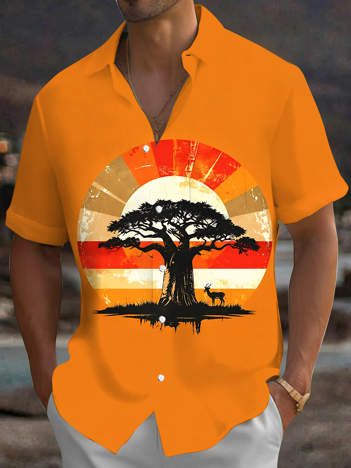 Adaychic Men's Vintage Style Acacia Tree Sunset Print Short Sleeve Shirt with Chest Pocket