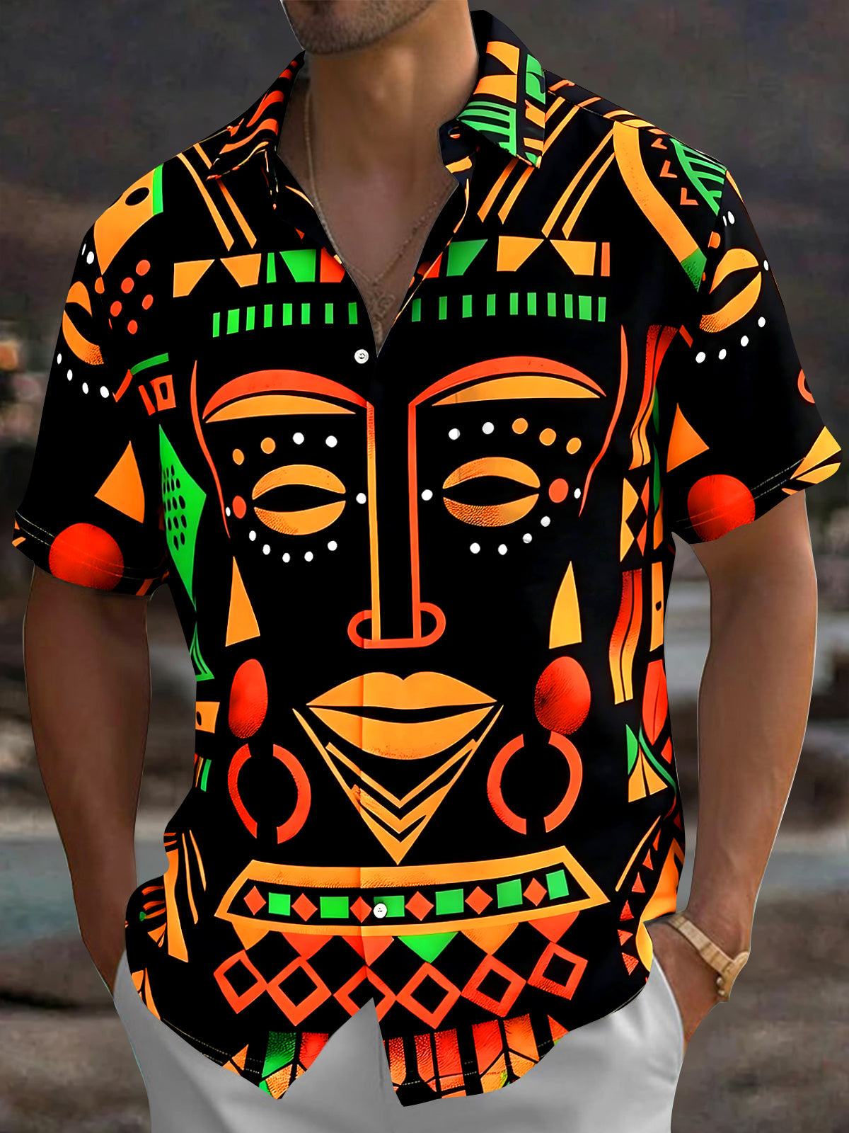Adaychic Men's Graphic Abstract Tribal Face Print Short Sleeve Shirt with Chest Pocket