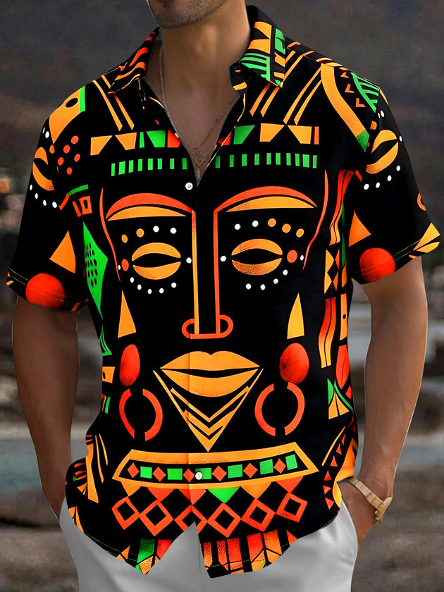 Adaychic Men's Graphic Abstract Tribal Face Print Short Sleeve Shirt with Chest Pocket