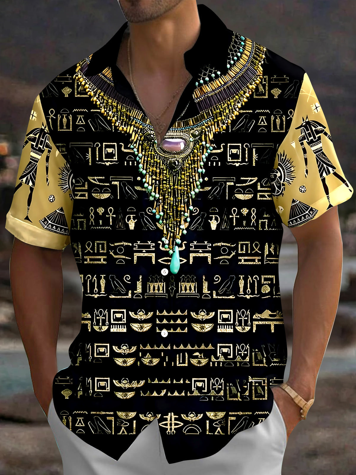 Adaychic Men's Vintage Style Egyptian Hieroglyphs Print Short Sleeve Shirt with Chest Pocket