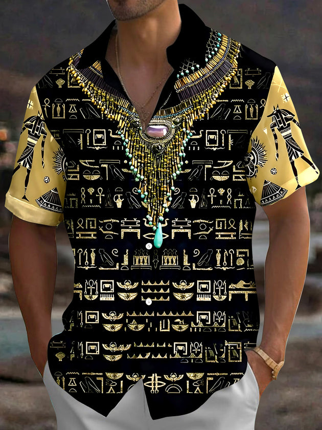Adaychic Men's Vintage Style Egyptian Hieroglyphs Print Short Sleeve Shirt with Chest Pocket