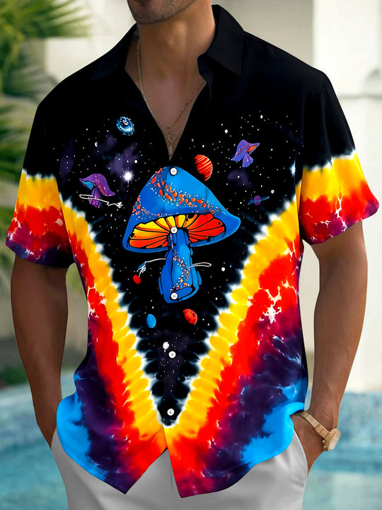 Adaychic Men's Tie Dye Cosmic Mushroom Print Short Sleeve Shirt with Chest Pocket