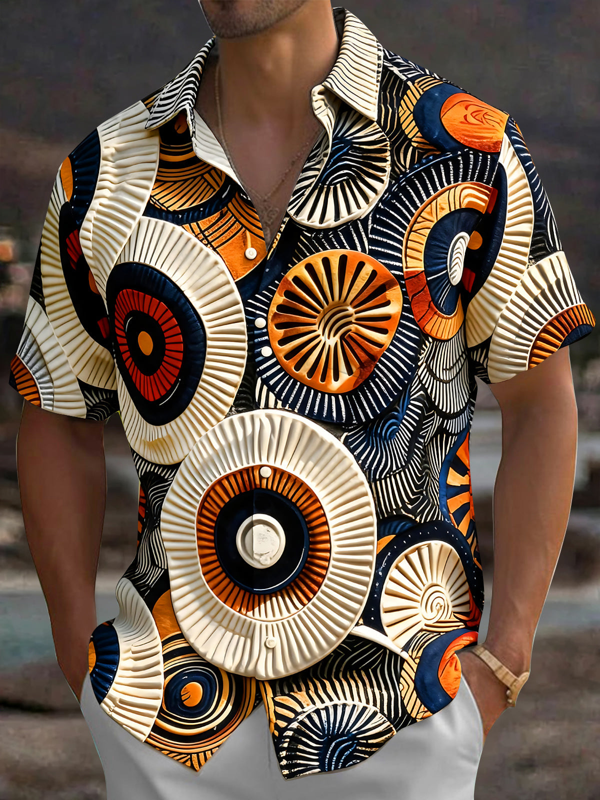 Adaychic Men's 3D 3D Relief Circles Print Short Sleeve Shirt with Chest Pocket