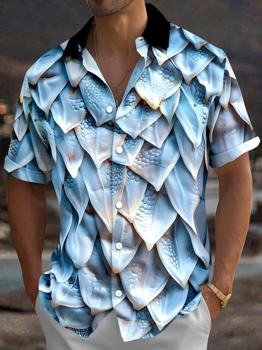 Adaychic Men's 3D Dragon Scale Pattern Short Sleeve Shirt with Chest Pocket