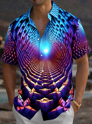 Adaychic Men's 3D 3D Geometric Tunnel Print Short Sleeve Shirt with Chest Pocket