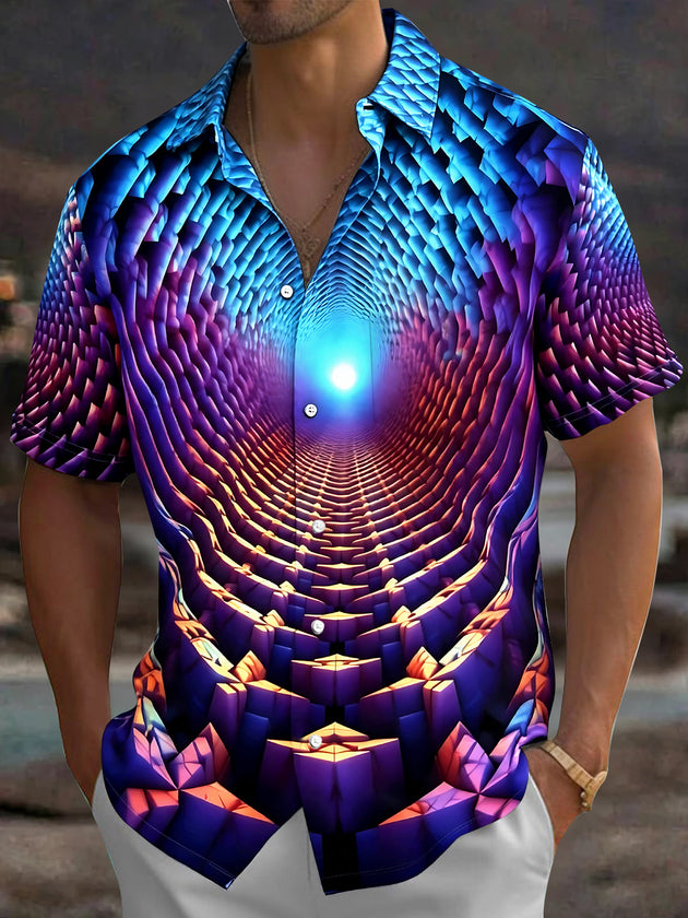 Adaychic Men's 3D 3D Geometric Tunnel Print Short Sleeve Shirt with Chest Pocket