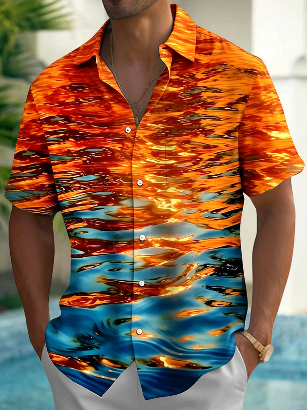 Adaychic Men's Hawaiian Water Ripples Print Short Sleeve Shirt with Chest Pocket
