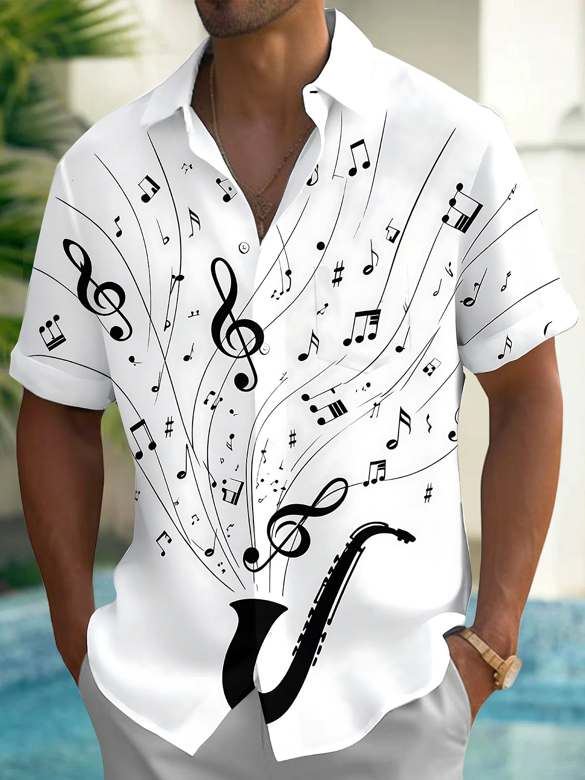 Adaychic Men's Printed Saxophone Print Musical Notes Print Short Sleeve Shirt with Chest Pocket