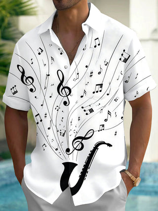 Adaychic Men's Printed Saxophone Print Musical Notes Print Short Sleeve Shirt with Chest Pocket