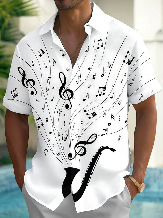 Adaychic Men's Printed Saxophone Print Musical Notes Print Short Sleeve Shirt with Chest Pocket