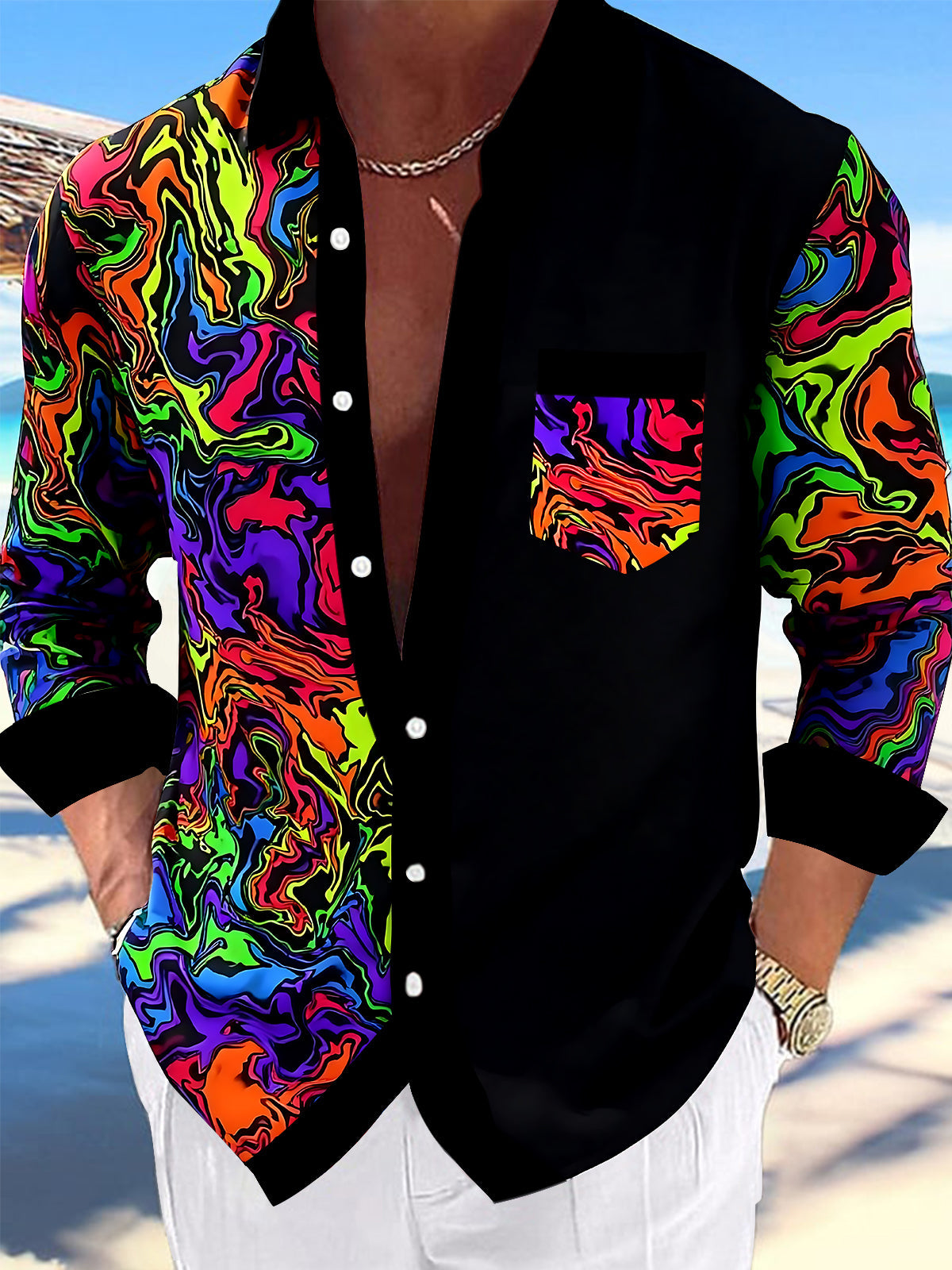 Adaychic Men's Printed Colorful Swirl Pattern Long Sleeve Shirt with Chest Pocket