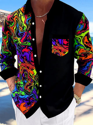 Adaychic Men's Printed Colorful Swirl Pattern Long Sleeve Shirt with Chest Pocket