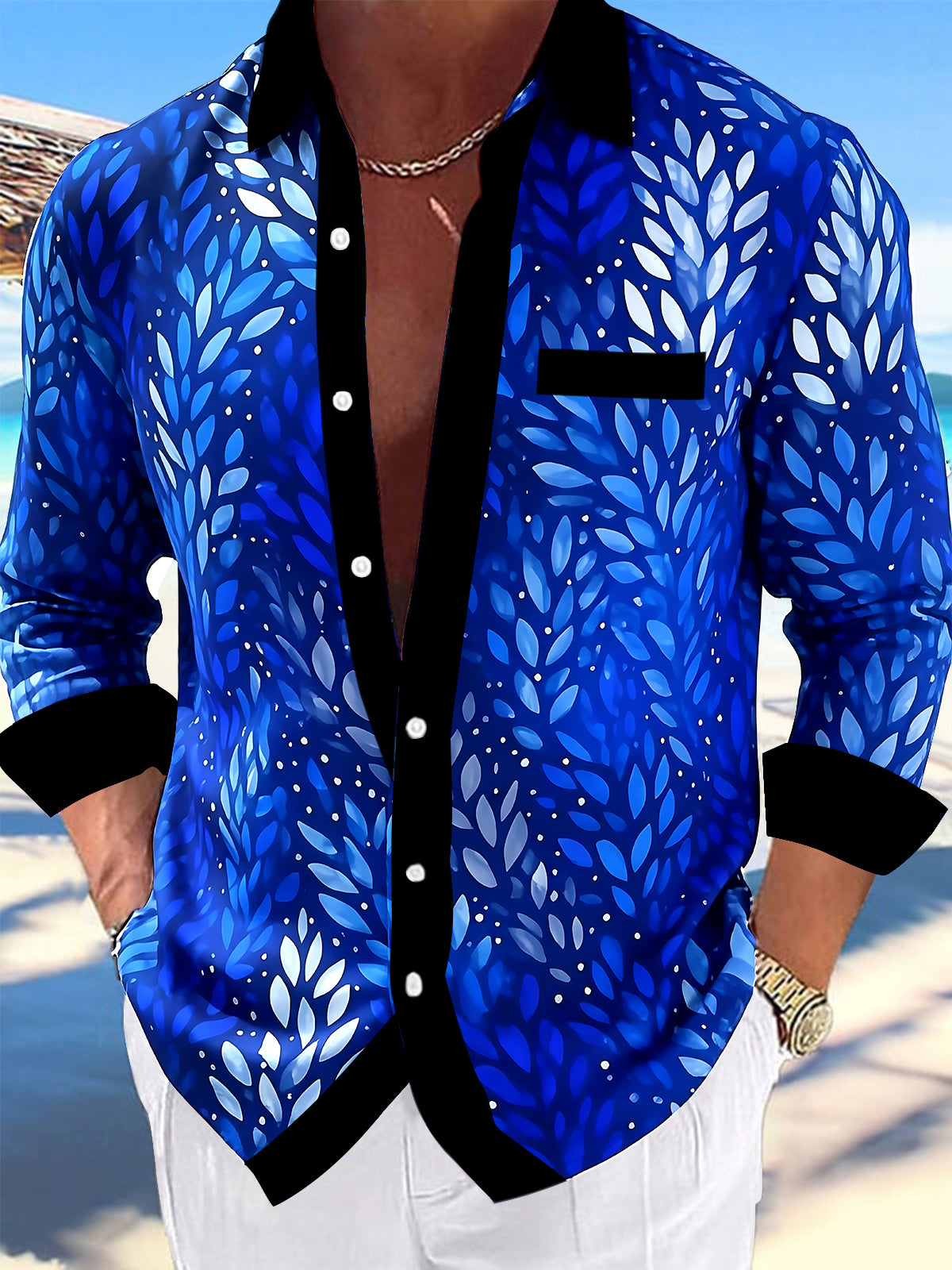 Adaychic Men's Tropical Blue Leaf Pattern Long Sleeve Shirt with Chest Pocket