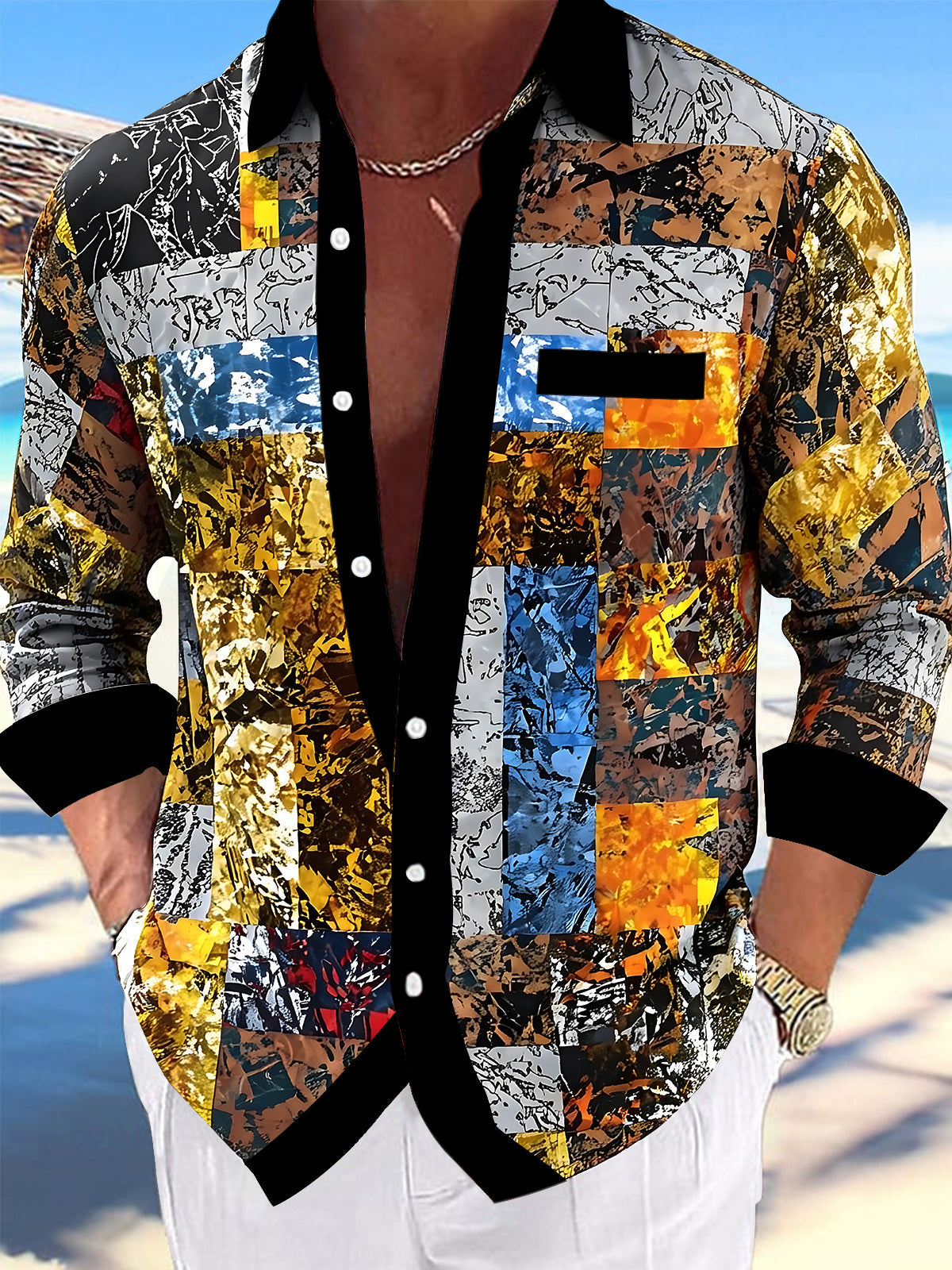 Adaychic Men's Vintage Style Abstract Patchwork Print Long Sleeve Shirt with Chest Pocket