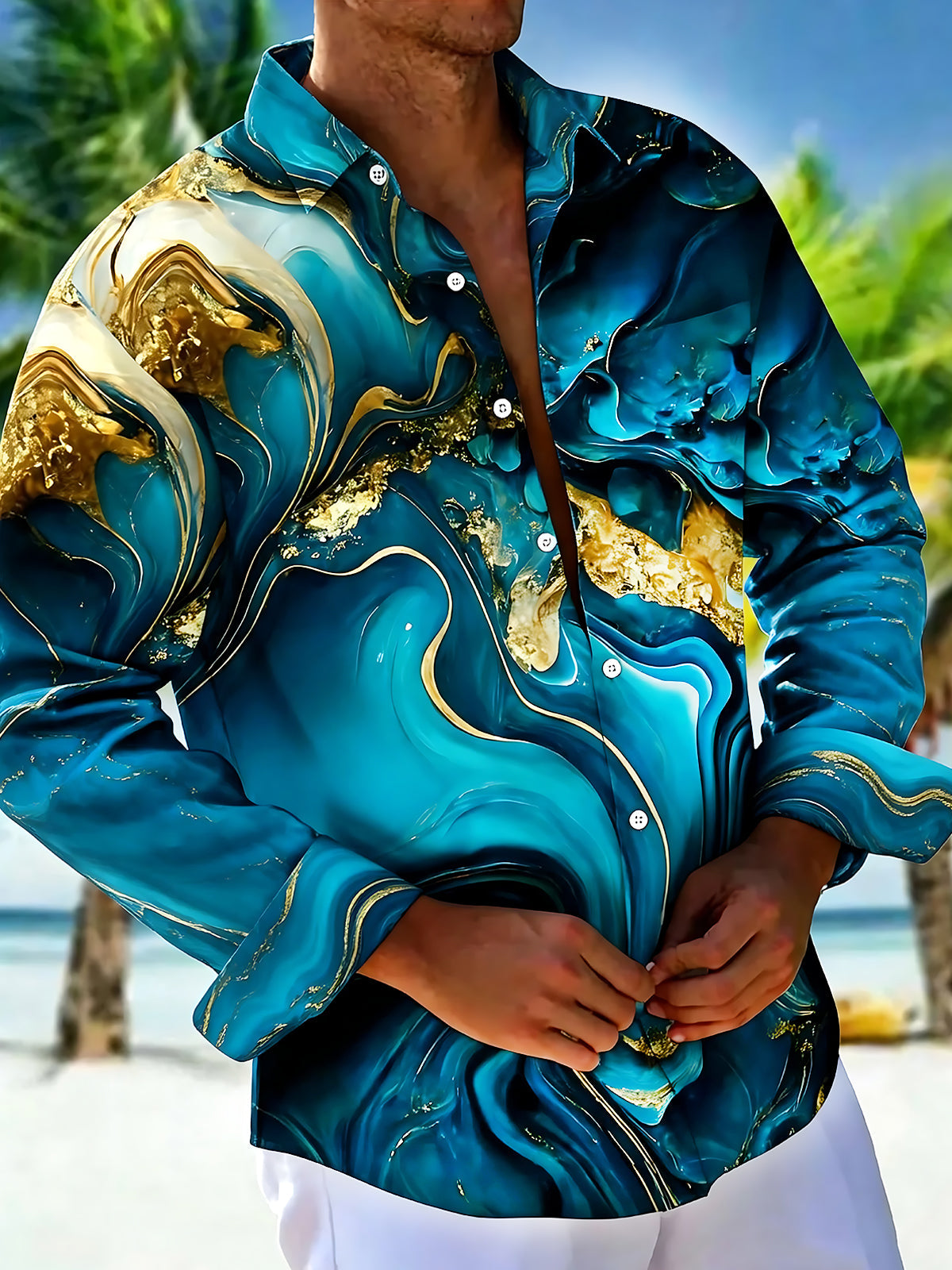 Adaychic Men's Printed Marble Effect Print Gold Veins Print Long Sleeve Shirt with Chest Pocket