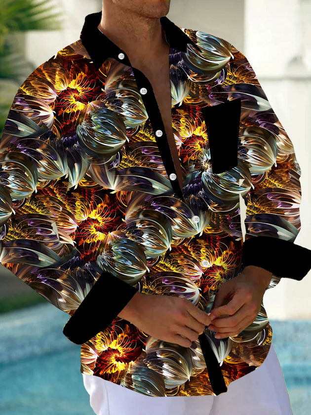 Adaychic Men's Vintage Style Abstract Floral Print Long Sleeve Shirt with Chest Pocket