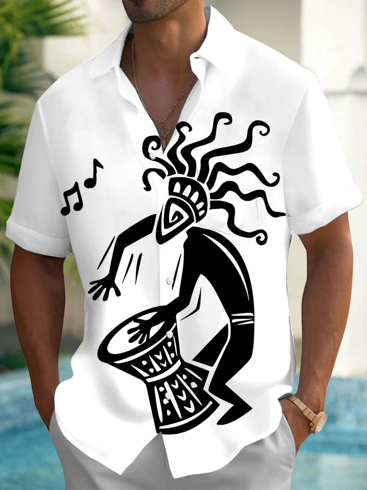 Adaychic Men's Graphic African Drummer Print Short Sleeve Shirt with Chest Pocket